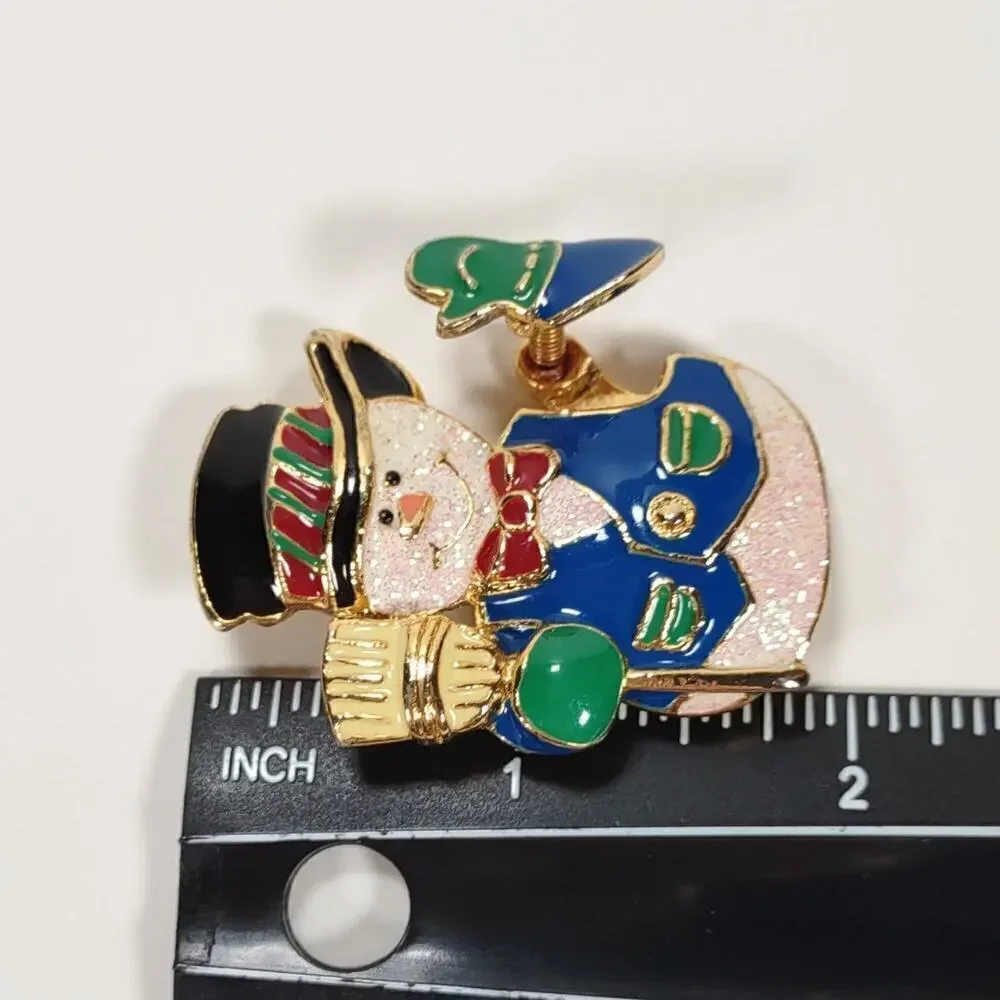 Vintage 90's Enamel SFJ Signed Waving Snowman Brooch